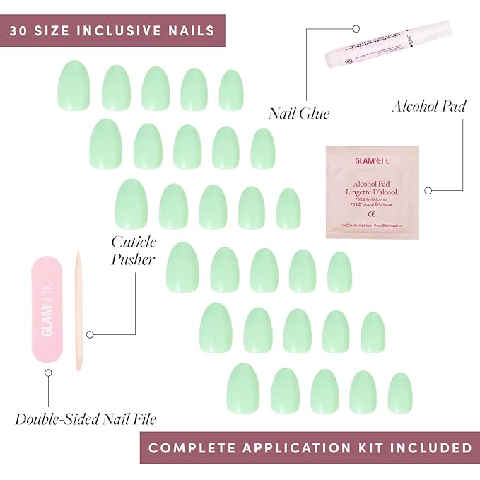 Glamnetic Press On Nails - Mint Green | Solid Opaque Pastel Green Short Oval Nails, Salon Quality | 15 Sizes - 30 Nail Kit