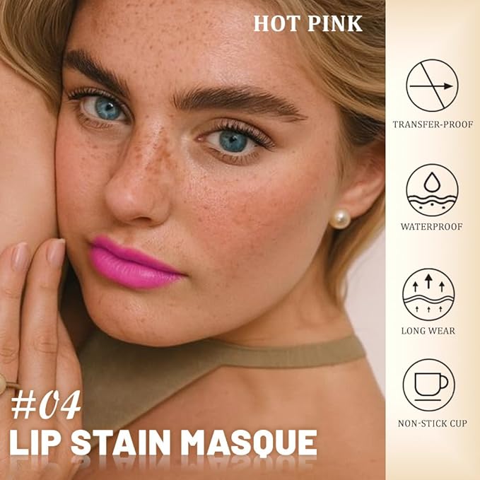evpct Hot Pink Peel Off Lip Stain Tints with Tweezer, Matte Lipstick Lip Stain Gloss Long Lasting Waterproof for Women, Non-stick Cup Lipstick Peel Off High Pigmented 24 Hrs Original Lips Stains, 04