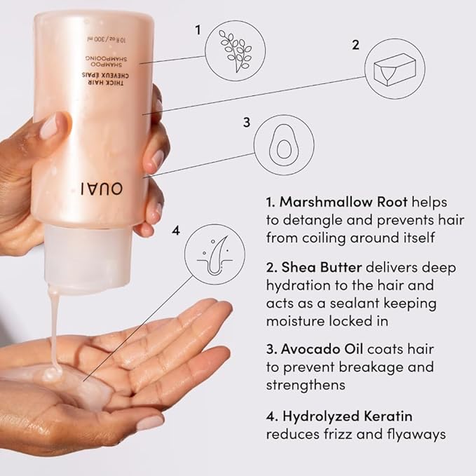 OUAI Thick Hair Shampoo & Conditioner Set, Travel Size - Moisturizing Shampoo & Conditioner - With Keratin, Marshmallow Root, Shea Butter & Avocado Oil - Sulfate, Paraben & Phthalate Free (3 Oz)