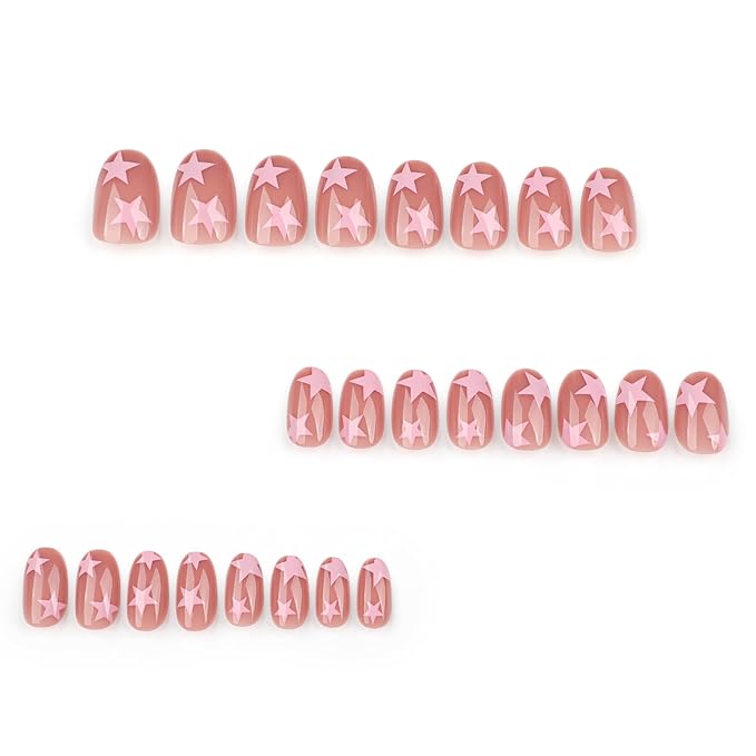 XZMeiLun Press On Nails Spring Acrylic Nails for Women - Pink Star French Designer Fake Nails Short Almond 24PCS, Glossy Soft Gel with Glue, Outdoor Picnic/Wedding/Party Reusable Stick On Nails Gift