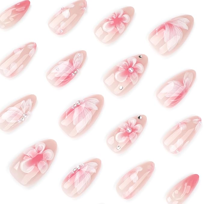 24Pcs Pink Press on Nails Medium Almond Fake Nails with 3D Flower Petal Design Nail Tips Stick on Nails False Nails Spring Summer Floral Acrylic Nail Glue on Nail for Women Parties Dates Wear