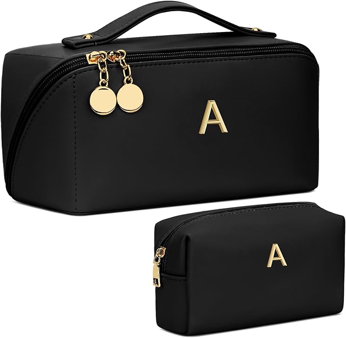 Birthday Gifts for Women Teen Girl, Personalized Initial Makeup Organizer Bag Set, Open Flat Travel Cosmetic Bag With Clear Divider and Handle(Black,A)