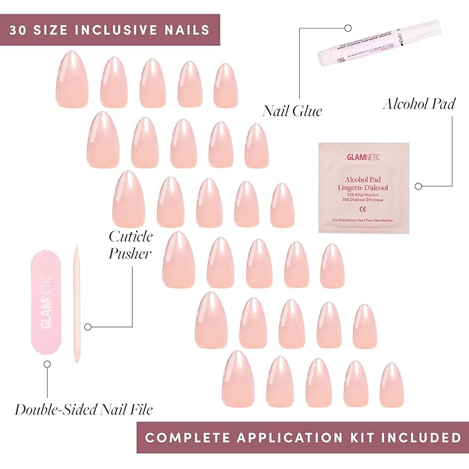 Glamnetic Press On Nails - Los Angeles | Solid Opaque Blush Nude Pink Short Almond Nails in Glazed Finish, Salon Quality | 15 Sizes - 30 Nail Kit