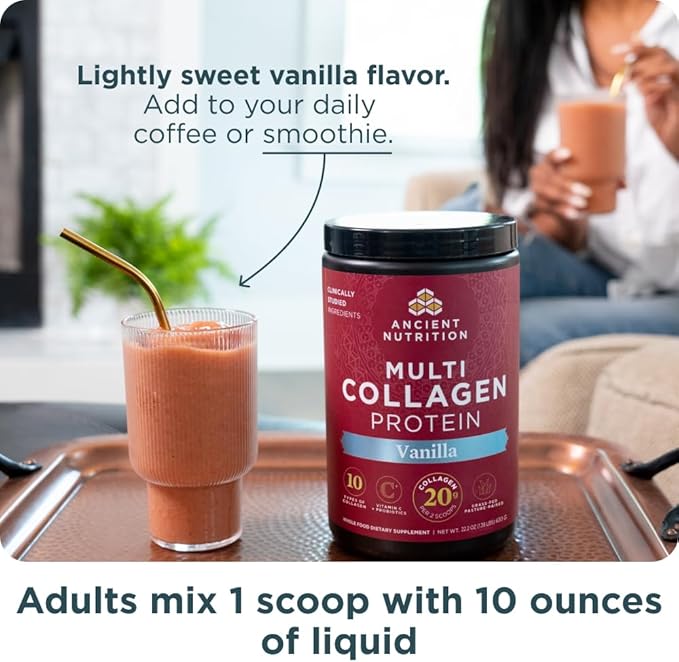 Ancient Nutrition Collagen Peptides Powder, Multi Collagen Protein, Women & Men, Vitamin C, Probiotics, Hydrolyzed Collagen, Supports Skin, Joints, Gut Health, Vanilla, 45 Servings