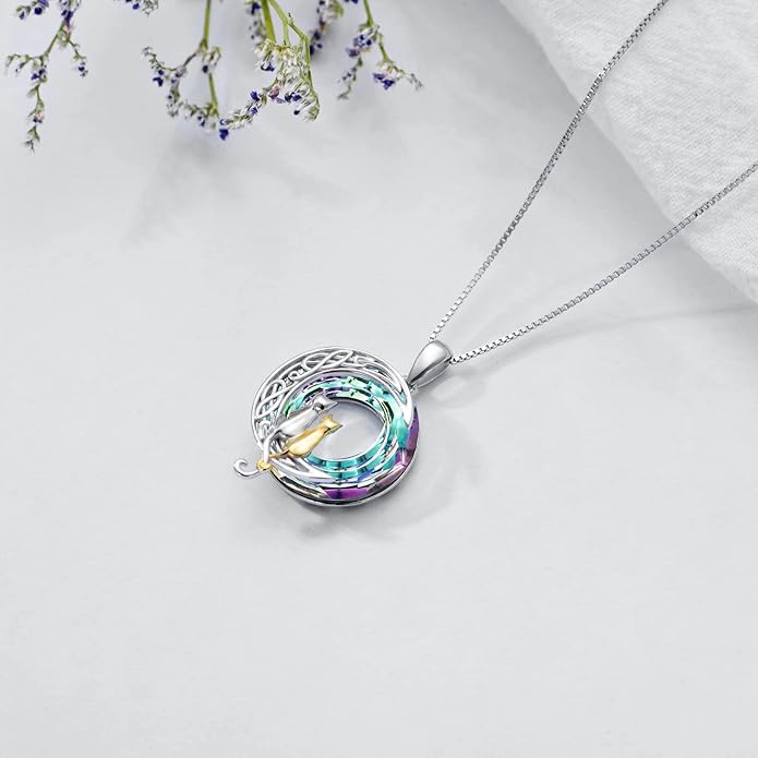TOUPOP Cat Gifts for Cat Lovers One Two Three Four Cats Necklace Sterling Silver Cats on the Moon Pendant Necklace with Blue Circle Crystal Birthday Christmas Celtic Jewelry Gifts for Women