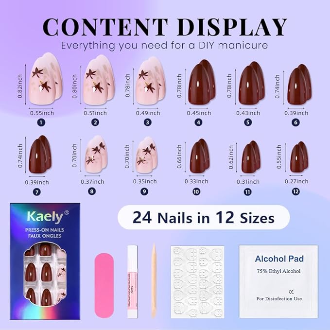 evpct Coffee Brown Press on Nails Short Almond with Leaves Design, Maple Leaf Pink Stick on Nail for Women Gift with Manicure Kit, Reusable Soft Gel Stick on Fake Nail with Designs Perfectly Fit