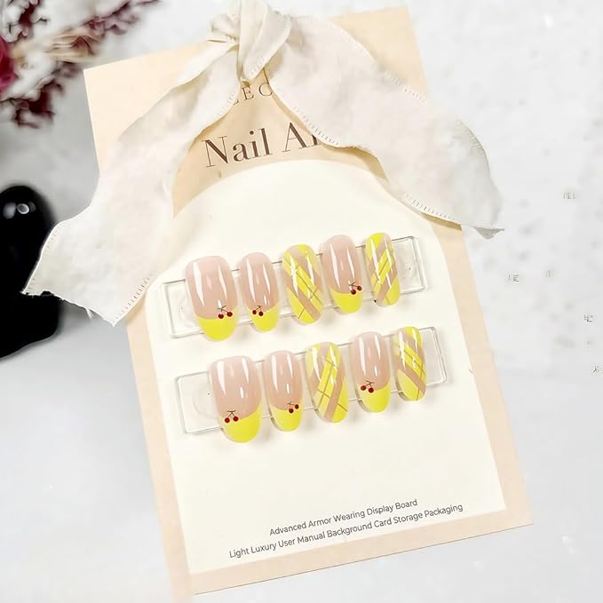XZMeiLun Short Oval Press On Nails, Spring Summer Nails for Women, Yellow French Tips Press On Nals, Designer Reusable Acrylic Fake Nails with Glue On Nails,Stick On Nails for Women 30 Pcs