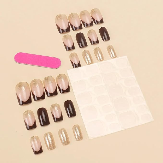 SHELWIN French Press On Nails Ready-To-Wear DIY Manicure Stick On Nails kit for Women 24 Pcs Short Medium Coffin Almond Shaped False Nails Gifts（Morning Coffee）