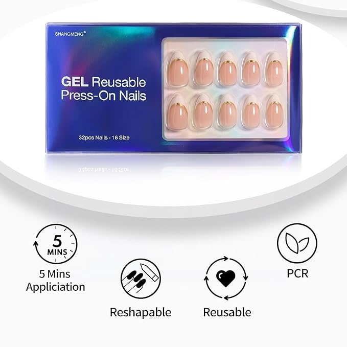 SHANGMENG White French Tip Press on Nails with Gold Line Design - Soft Gel Valentines Almond Nails Short for Women, Glossy Glue on Nails with Glue in 16 Sizes - 32 Reusable Fake Nails, Gold Ribbon