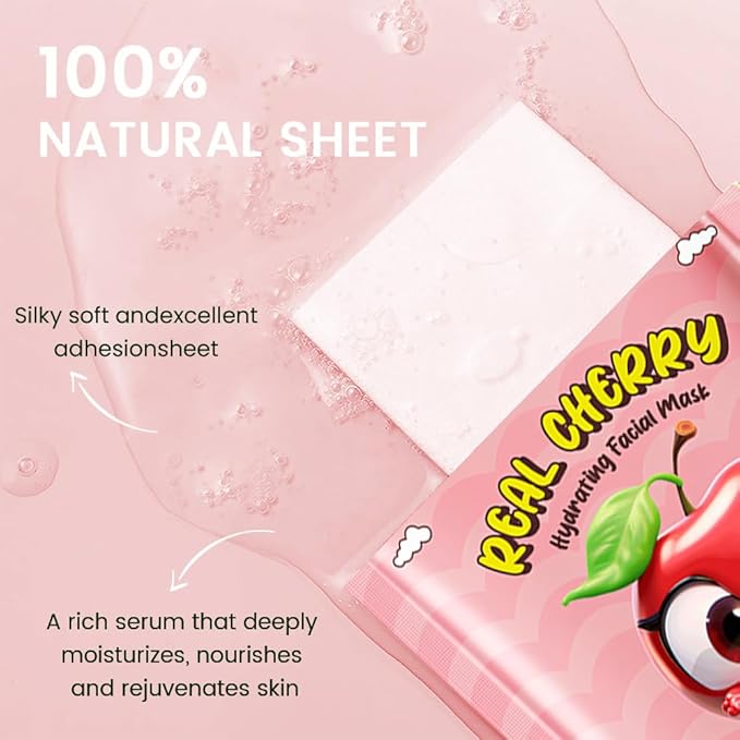 CAKAILA 8 Pack Cherry Face Mask,Pink Face Masks Skincare Spa Day Kit Supplies,Spa Party Favors for Women,Sheet Facial Mask Skincare Gifts Set,Moisturize Soothe for All Skin Types