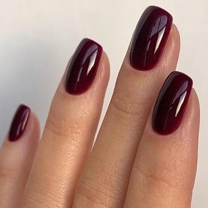GLAMERMAID Burgundy Press on Nail Medium Square, Dark Red Handmade Jelly Soft Gel Nail Square Fake Nail, Glossy Stick Glue 0n Nail Kit for Women, Reusable Stick on Acrylic Fake Nail Manicure Set