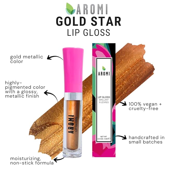 Aromi Gold Metallic Lip Gloss | High-Shine, Moisturizing, Bronze Yellow Glossy Lip Oil for Women, Vegan, Cruelty-free (Gold Star)