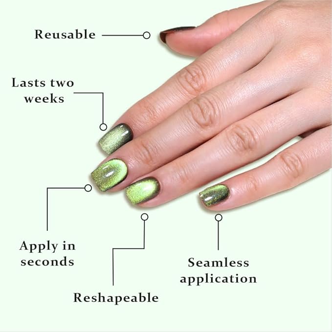 evpct Light Green Cat Eye Extra Short Press on Nails Square, Petite Short Square Stick on Nails for Women Gift, Light Green Metallic Glitter Glossy Reusable Gel Press on Acrylic Fake Nail with Designs