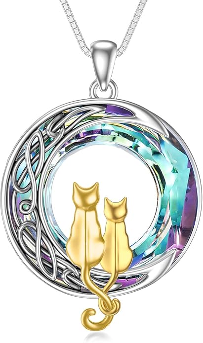 TOUPOP Cat Gifts for Cat Lovers One Two Three Four Cats Necklace Sterling Silver Cats on the Moon Pendant Necklace with Blue Circle Crystal Birthday Christmas Celtic Jewelry Gifts for Women