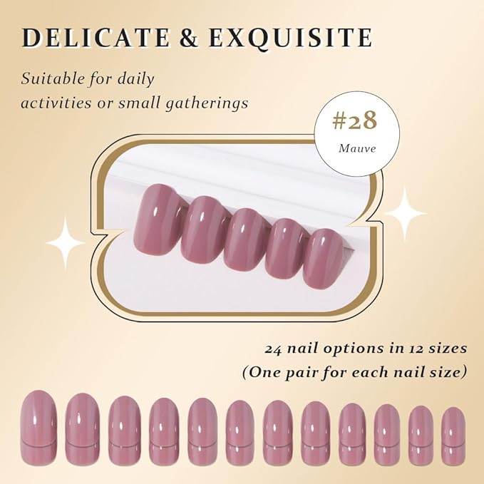 evpct Mauve Real Short Oval Press on Nails for Women, Extra Short Glossy Mauve Fake Nail Salon Quality with Nail Kit Set Kit, Soft Gel Full Cover Reusable Stick on Acrylic False Nails Perfectly Fit