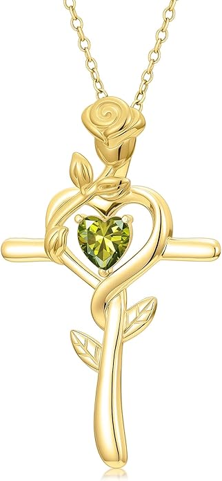 Midari 18K Yellow Gold Cross Pendant Rose Birthstone Necklaces for Women Christian Cross Jewelry with 12 Months Birthstone Birthday Gifts for Wife Her Daughter Mom