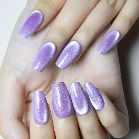 evpct Violet Purple Cat Eye Coffin Press on Nails Square Medium, Medium Square Stick on Nail for Women Gift, Purple Metallic Glitter Glossy Reusable Soft Gel Press on Acrylic Fake Nail with Designs
