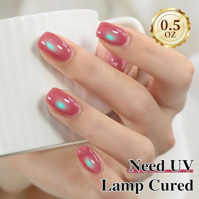 Double Rhythm Jelly Glass Cat Eye Gel Polish with Magnet 15ML Holographic Glitter Shimmer Translucent Sheer Color Magnetic Nail Polish Salon DIY at Home (Pink Teal-MC1267)