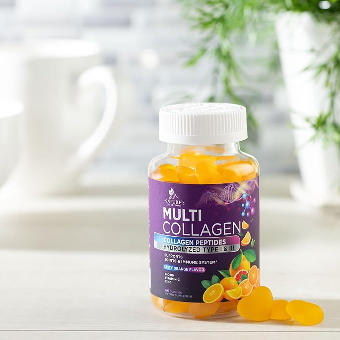 Collagen Gummies with 2500 mcg Biotin - Hydrolyzed Peptides Protein Type I & III Multi Collagen Supplement with Vitamin C & Zinc - Support for Hair, Skin, Nails, Tasty Orange Flavor - 60 Gummies