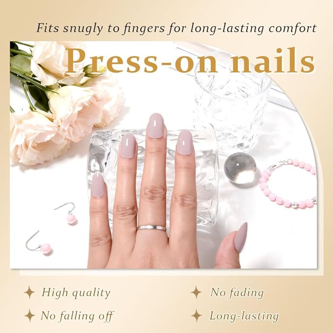 evpct Nude Medium Oval Glossy Press on Nails for Women Gift, Glossy Nude Fake Nail with Nail Kit Manicure Kit, Soft Gel Full Cover Reusable Stick on Soft Acrylic False Nails Perfectly Fit