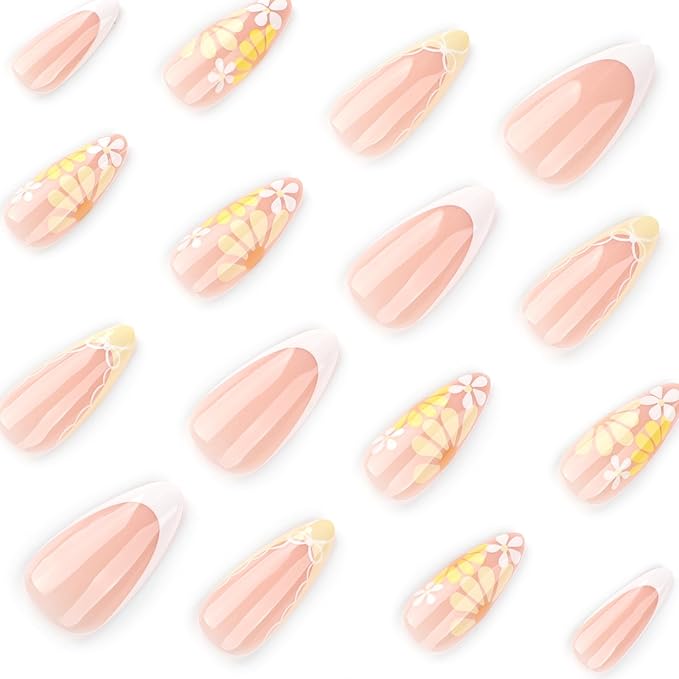 XZMeiLun French Tip Press On Nails Spring Summer Acrylic Nails for Women - Yellow Flower Designer Fake Nails Medium Almond 24Pcs, Outdoor Picnic/Wedding/Party Reusable Glue On Stick On Nails