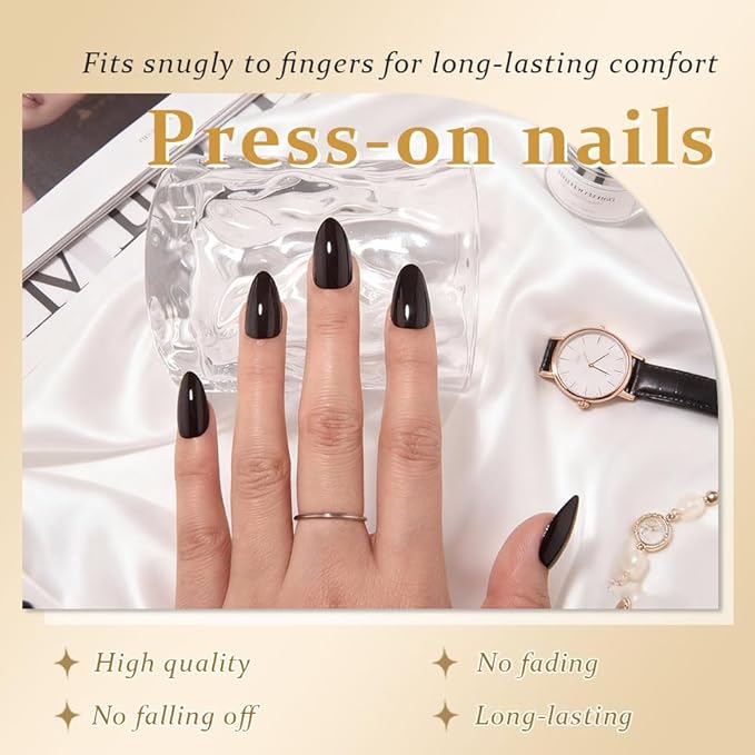 evpct Coffee Glossy Press on Nails Short Almond, Glossy Fake Nail Stick on Nail for Women Gift with Kit, Salon Quality Soft Gel Stick on Acrylic False Nails Reusable Full Cover for Women Manicure