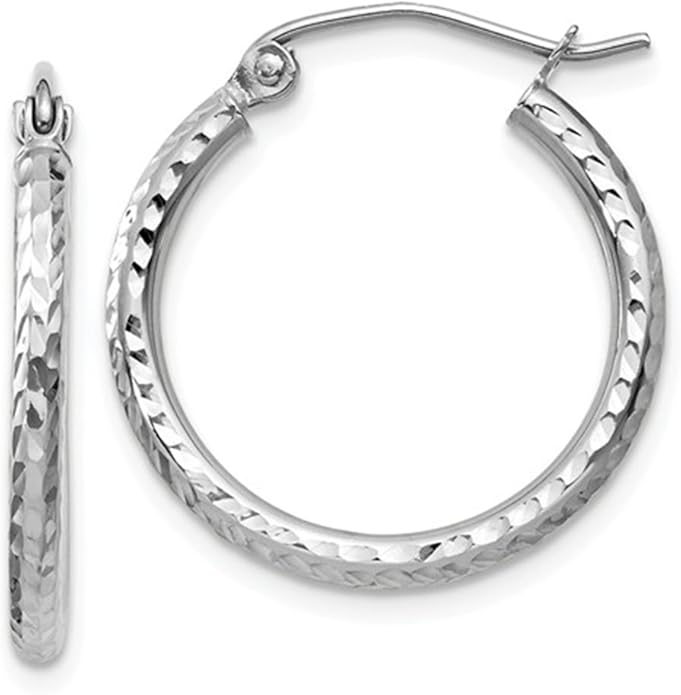 14k White Gold Diamond-Cut Hoop Earrings, (2mm Tube)