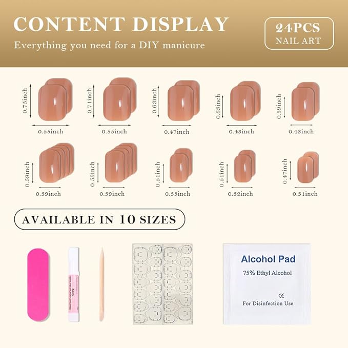 evpct Nude Brown Short Press on Nails Square, Glossy Soft Gel Acrylic Fake Press on Nails Manicure Kit, Reusable Artificial Stick on Nail for Women, Full Cover Easy Application Easy At-Home Salon