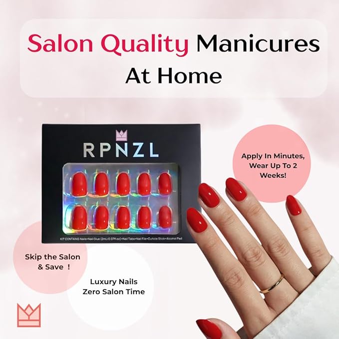 RPNZL Press On Nails - Scarlett | Opaque Bright Red Short Squoval Fake Nails, Salon Quality | 32 Nails, 16 Sizes Kit with Glue and Adhesive Tabs I Female Founded - Beauty, Self Care