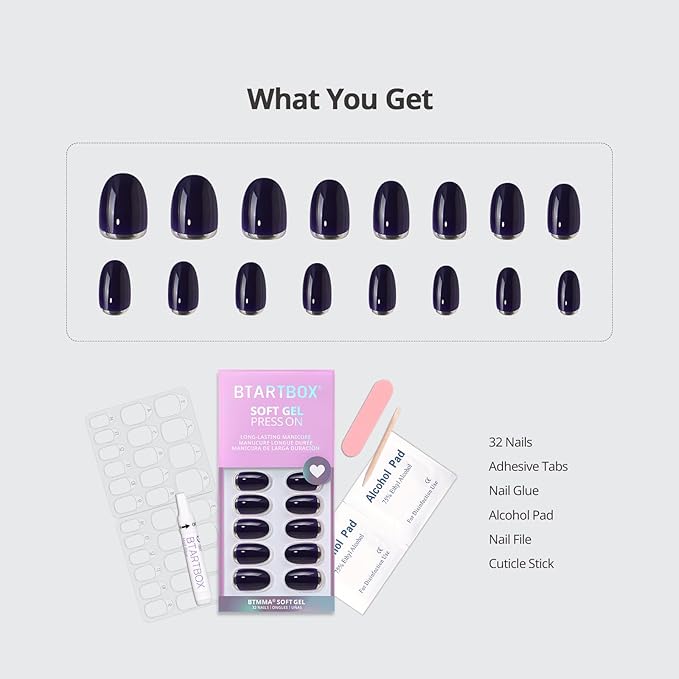 BTArtbox Press On Nails Oval - Vintage Silver, Dark Blue Silver Foil Short Press On Nails with Glue and Adhesive Tabs for Women, Soft Gel Glue On Nails in 16 Sizes - 32 Stick On Nails Kit