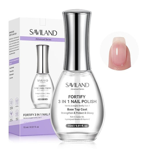 SAVILAND 3-in-1 Base & Top Coat & Nail Strengthener: 15ml Quick Air Dry Clear Nail Polish Nail Strengthener and Growth for Damaged Nails Nail Treatment Glossy Regular Nail Lacquer Women Gift