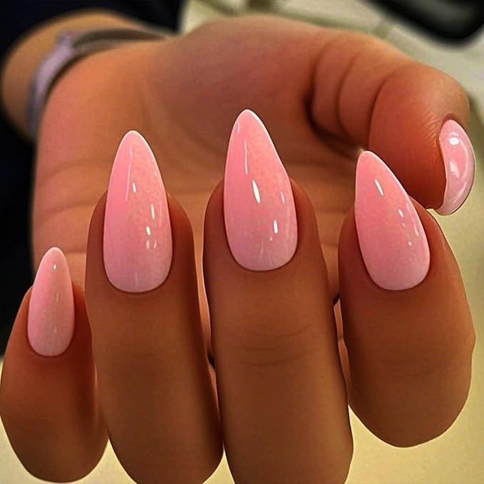 JONKASIPA French Fingertip Press-On Nails - Pink Almond Shaped Press-On Nails, Artificial Nails Designed for Women, 24 Pcs Stick-On Nail Set