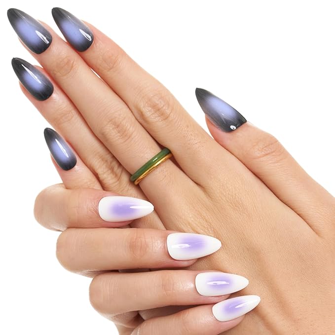 GLAMERMAID Black White Ombre Press on Nails Medium Almond, Purple Aurora Fake Crush Nails, Stiletto Fake Nails, Short Oval Stick Glue on Nails Tips for Women, Reusable Acrylic False Nail Kits