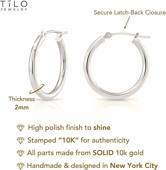 Classic 10K White Gold Hoop Earrings - Shiny Polished Plain Round Gold Hoops for Women and Men
