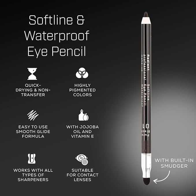 Radiant Professional Black Waterproof Eyeliner Pencil - Eyeliner Waterproof Smudge Proof for Woman - Long Lasting Under Eye Pencil for Smoky Eye - Soft Waterline Eye liner with Smudger Tool -Black(01)