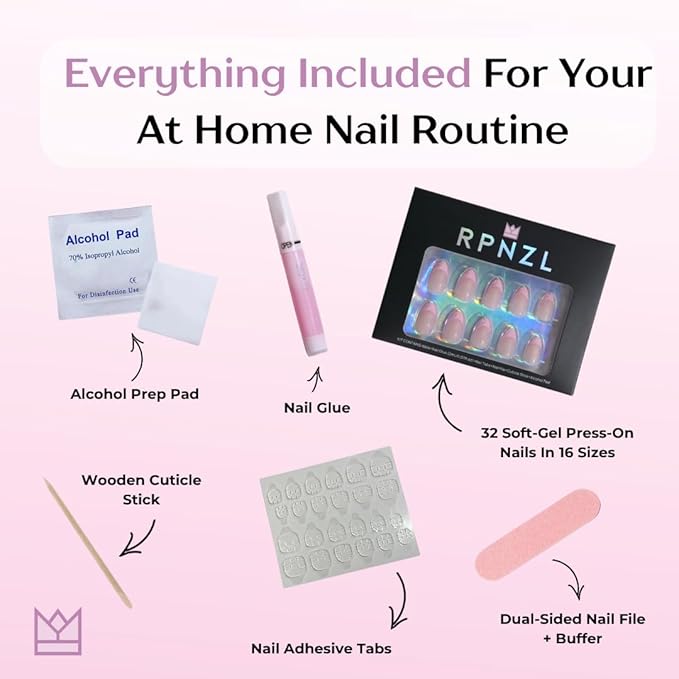 RPNZL Press On Nails - BubbleGum French | 3D Pink French Tip, UV Finish Almond Nails, Reusable | 32 Nails, 16 Sizes Kit with Glue and Adhesive Tabs I Female Founded