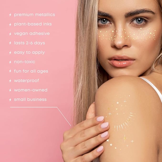 TWINKLING LIGHTS VARIETY SET of 25 assorted premium waterproof metallic gold jewelry temporary foil face Flash Tattoos, face sparkle, face glitter, metallic tattoo, eye jewel, New Years Eve