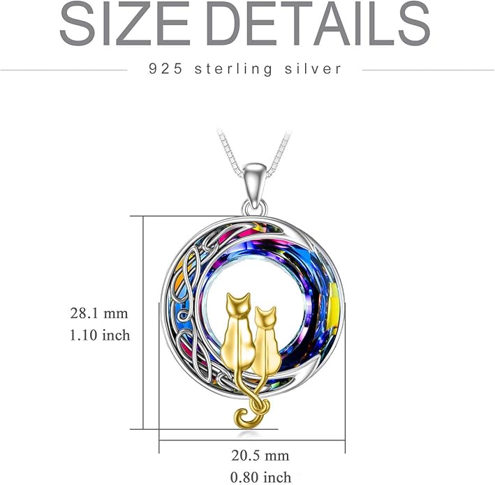 TOUPOP Cat Gifts for Cat Lovers One Two Three Four Cats Necklace Sterling Silver Cats on the Moon Pendant Necklace with Blue Circle Crystal Birthday Christmas Celtic Jewelry Gifts for Women