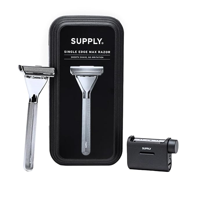 SUPPLY Single Edge Max Razor for Men – Premium Metal Single-Blade Safety Razor with Pivoting Head for Fewer Cuts and Irritation – Includes 8 Blades & Magnetic Reload System – Sterling