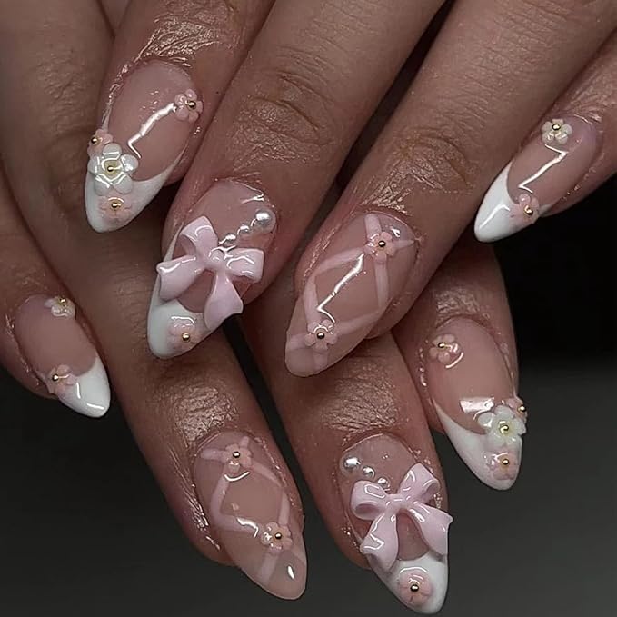 XZMeiLun Pink White French Bow Press on Nails, White Pearl Fake Nails, Almond Short Acrylic Press-Ons with Charming 3D Plaid Floral Design, Reusable Glue-On Stickers for Fall Flower Nails for Women