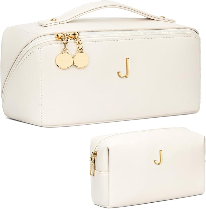 Valentines Day Gifts for Women Teen Girl, Personalized Initial Makeup Organizer Bag Set, Open Flat Travel Cosmetic Bag With Clear Divider and Handle(Large-Beige,J)