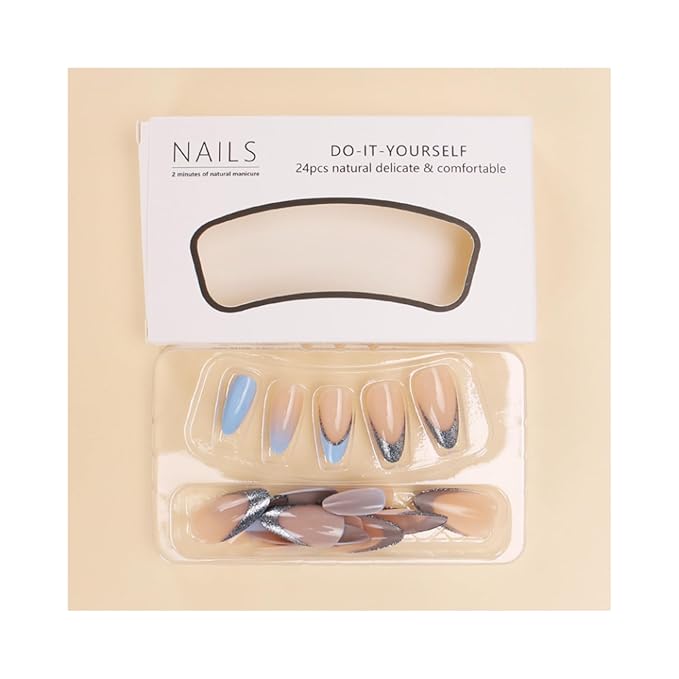 SHELWIN French Press On Nails Ready-To-Wear DIY Manicure Stick On Nails kit for Women 24 Pcs Short Medium Coffin Almond Shaped False Nails Gifts（Blue Frosted）
