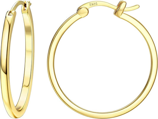 Hayoso 18K Gold Plated Hoop Earrings - 925 Sterling Silver Hoop Earrings Womens Hypoallergenic Hoops | Square Tube Hoop Earrings for Women 15mm/20mm/30mm/40mm