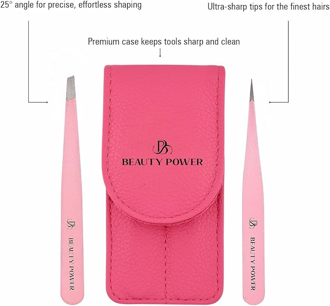 Beauty Power Professional Tweezers Set – Slant & Point, Ultra Precision German Stainless Steel Tweezers for Eyebrows, Chin, Ingrown Hair & Facial Grooming – Lightweight with Travel Case (Pink)