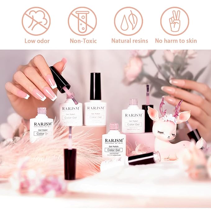 RARJSM Nude Gel Polish for French Manicure,Sheer Jelly Pink Gel Nail Polish Set of 6 Transparent Colors Clear Light Brown Pure White Neutral Nail Varnish LED UV Curing Requires 7.5ml for Home Salon