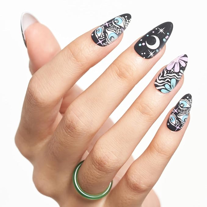 GLAMERMAID Black Press on Nail Medium Almond, Emo Jelly Gel Fake Nail, Gloss Natural Glue on Nail Short Oval with Gothic Eye Desgin, Reusable Acrylic Stiletto Stick on False Nail Kit for Women