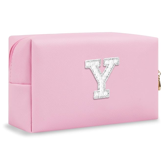 ChaoGreat Bride Gifts – Personalized Initial Makeup Bag with Pearl Rhinestone Patch, Preppy Pink Monogram Cosmetic/Toiletry Pouch, bridesmaid Gifts, Bridal Shower Gifts, Wedding Gifts, Bridal Gifts,Y
