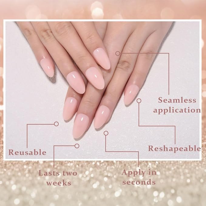 evpct Nude Pink Glossy Press on Nails Short Almond, Glossy Fake Nail Stick on Nail for Women Gift with Kit, Salon Quality Soft Gel Stick on Acrylic False Nails Reusable Full Cover for Women Manicure