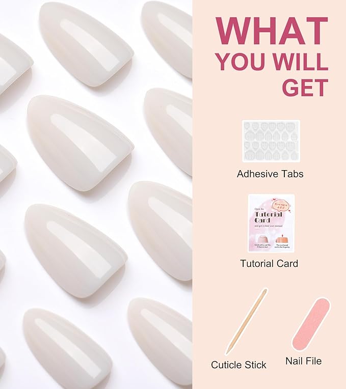 Morily 30Pcs Press on Nails Almond, Milky White Fake Nails Short Glossy Acrylic False Nails Reusable Full Cover Stick on Nails for Women, 15 Sizes, Thicker Fingertips