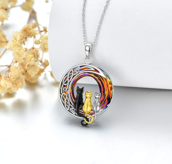 TOUPOP Cat Gifts for Cat Lovers One Two Three Four Cats Necklace Sterling Silver Cats on the Moon Pendant Necklace with Blue Circle Crystal Birthday Christmas Celtic Jewelry Gifts for Women